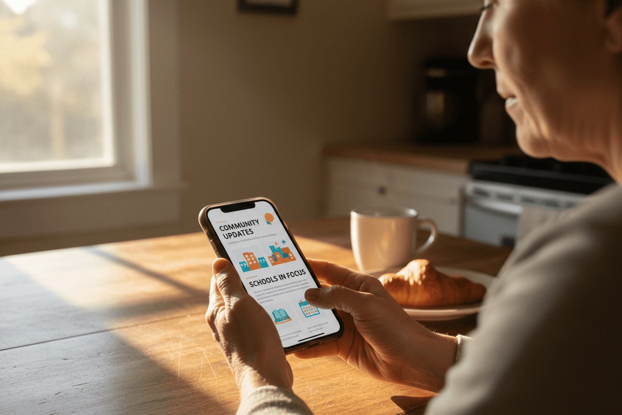 Parent reading a Arkansas school district report card newsletter on a smartphone at a kitchen table