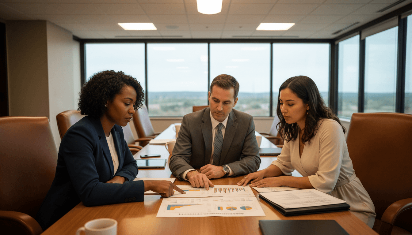 Arkansas district administrator at a conference table reviewing the Arkansas School Performance Report with school leaders in a modern office