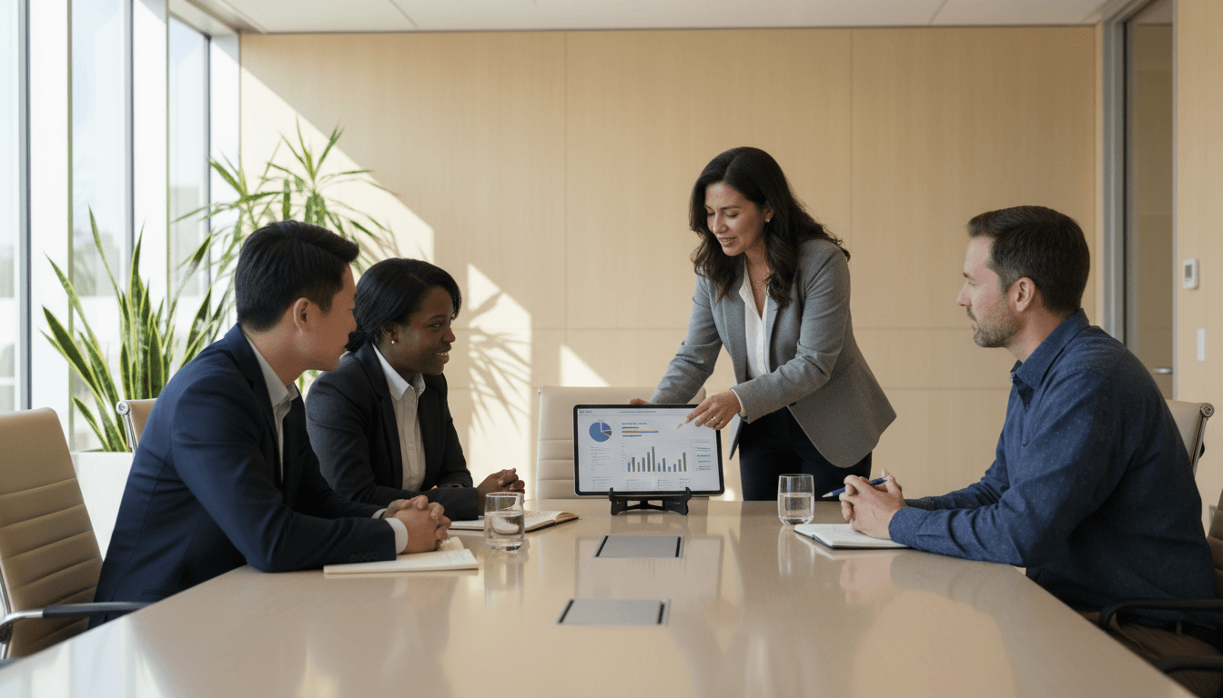 California district administrators reviewing the Local Control Accountability Plan around a conference table with charts visible