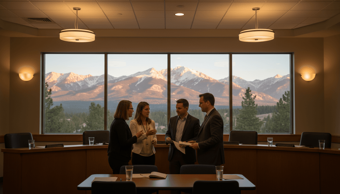 Colorado school board members at the dais during a public meeting, agenda visible on screen