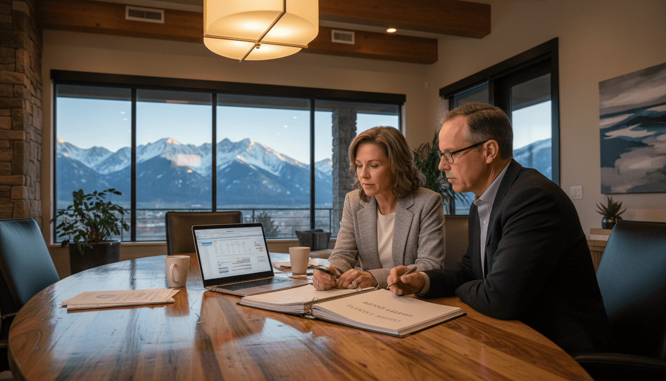 Colorado school district CFO at a conference table reviewing the annual budget with the leadership team