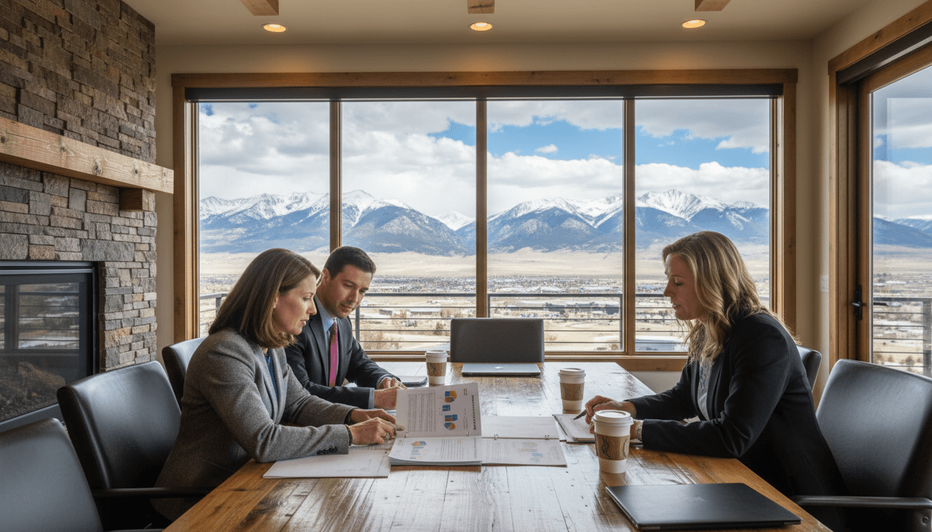 Colorado superintendent at a conference table reviewing the Colorado School Performance Framework with school leaders in a modern office