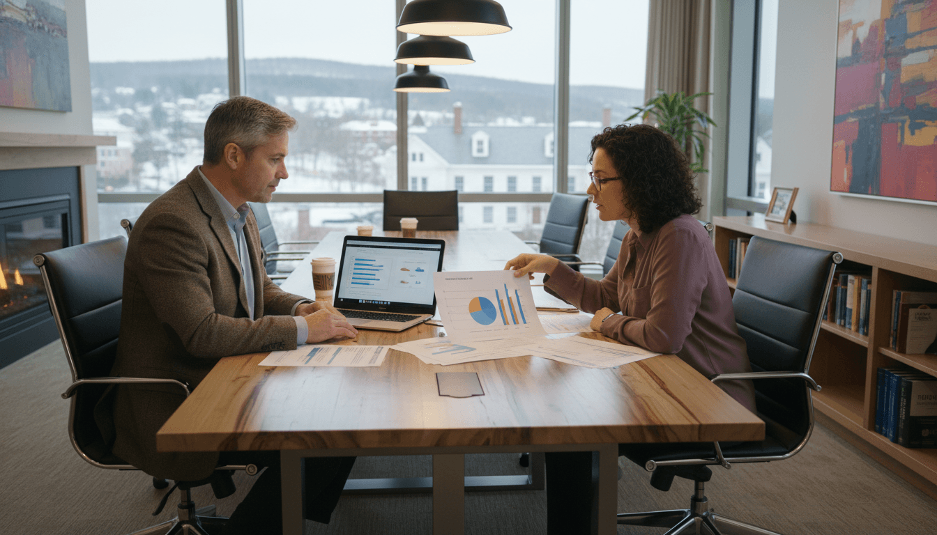 Connecticut district administrator reviewing Smarter Balanced results on a laptop at a conference table