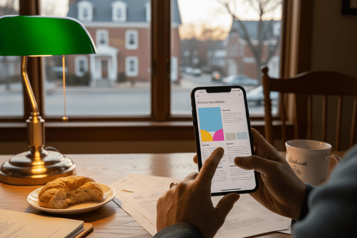Parent reading a Connecticut school funding update newsletter on a smartphone at a kitchen table