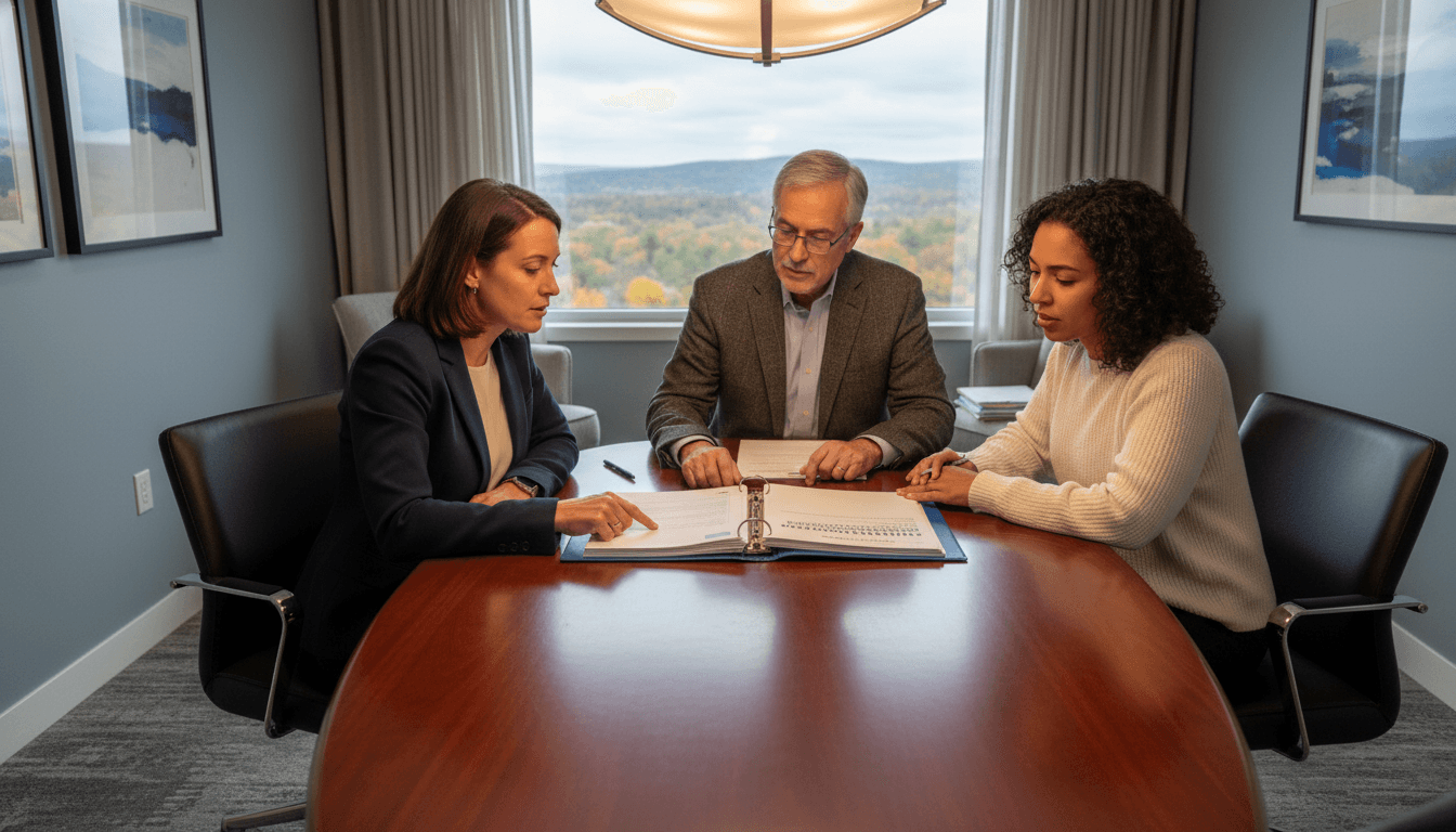Connecticut superintendent at a conference table reviewing the Next Generation Accountability System (EdSight) with school leaders in a modern office