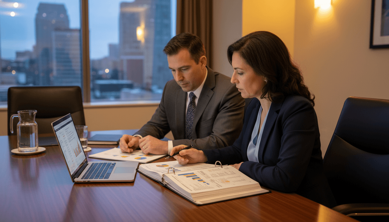 Delaware district CFO and superintendent reviewing budget documents in a conference room