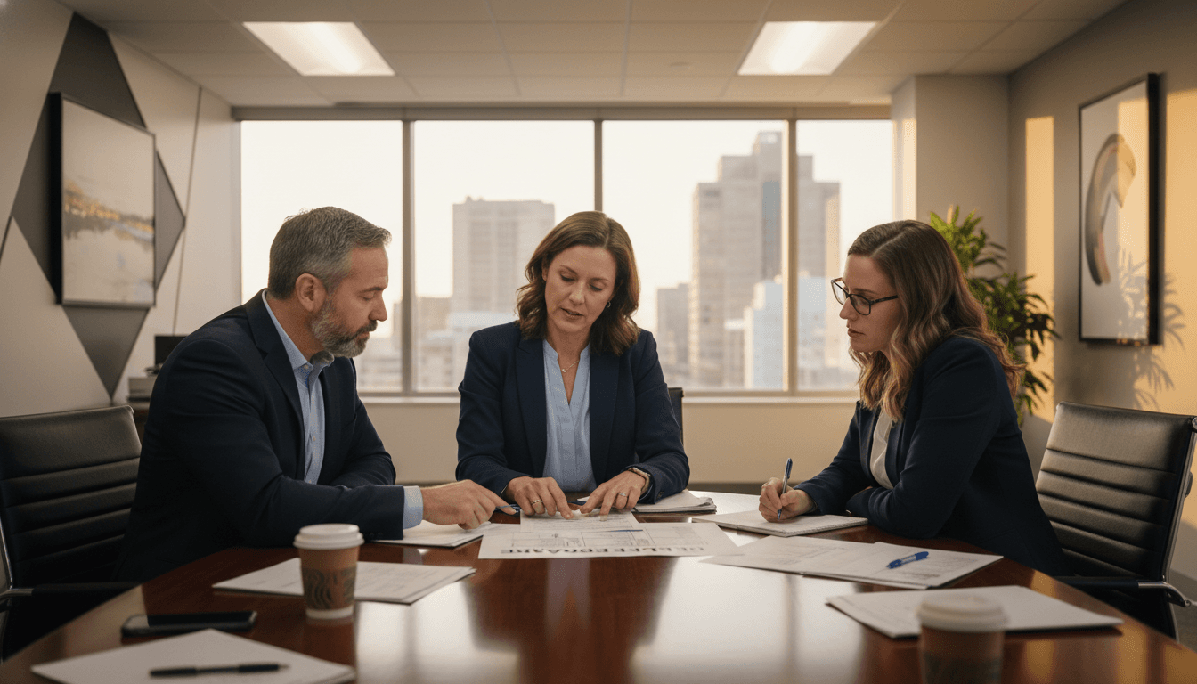 Delaware district administrator reviewing the Delaware Report Card with school leaders at a conference table in a modern office