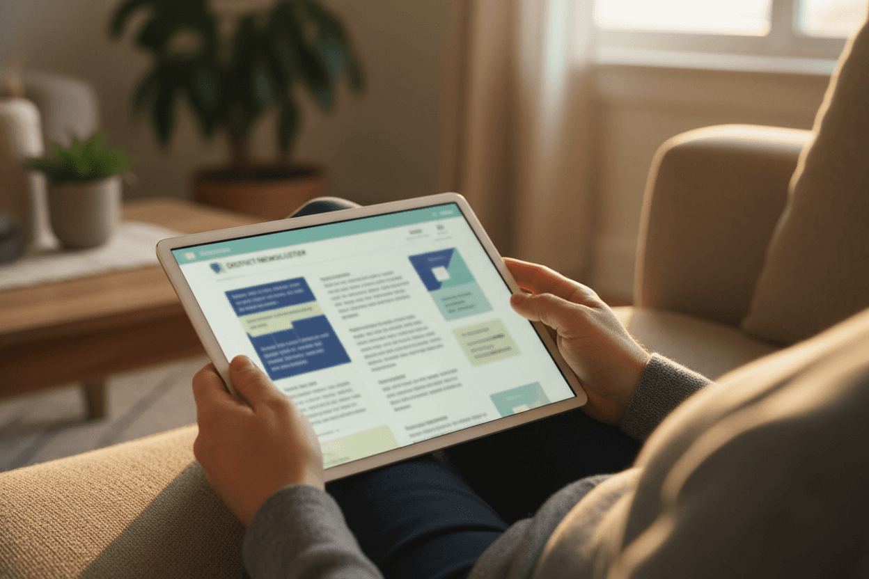 Parent reading a Georgia district assessment results newsletter on a smartphone in a kitchen