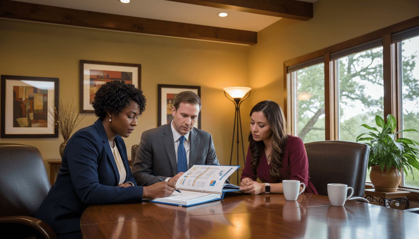 Georgia district administrator at a conference table reviewing the CCRPI (College and Career Ready Performance Index) with school leaders in a modern office
