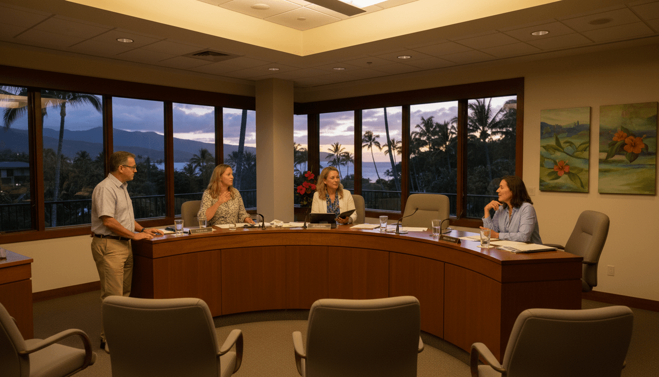Hawaii Board of Education members at a public meeting with families seated in the audience