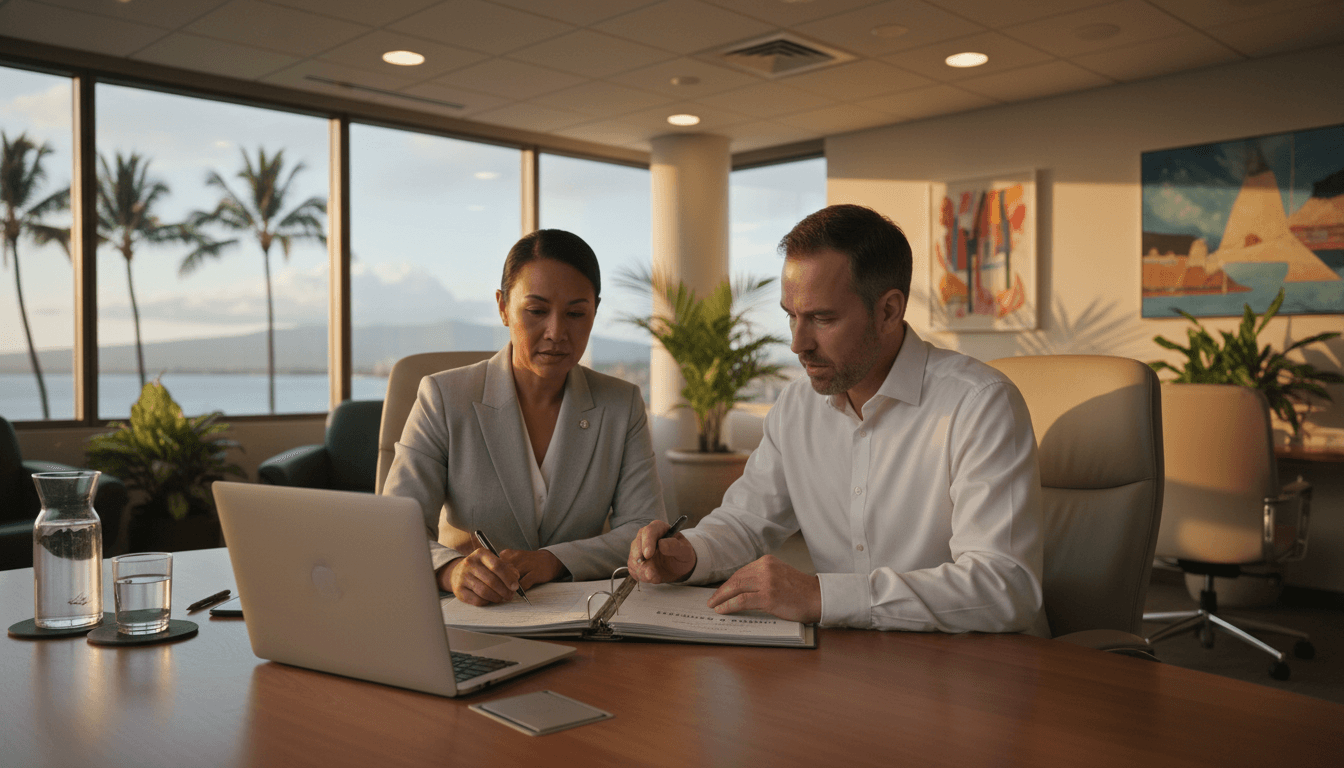 Hawaii district CFO and superintendent reviewing budget documents in a conference room