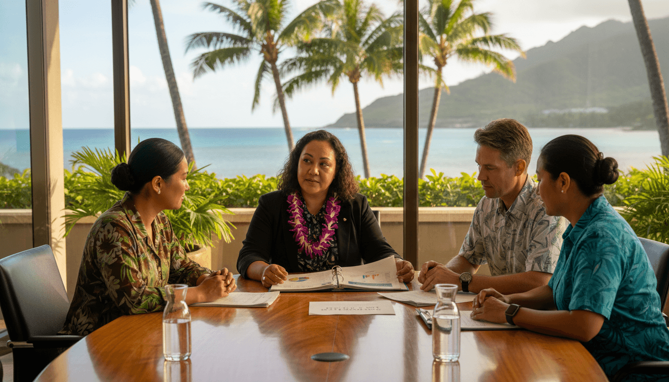Hawaii district administrator reviewing the Hawaii Strive HI System with school leaders at a conference table in a modern office