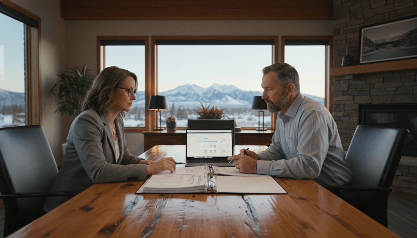 Idaho district CFO and superintendent reviewing budget documents in a conference room