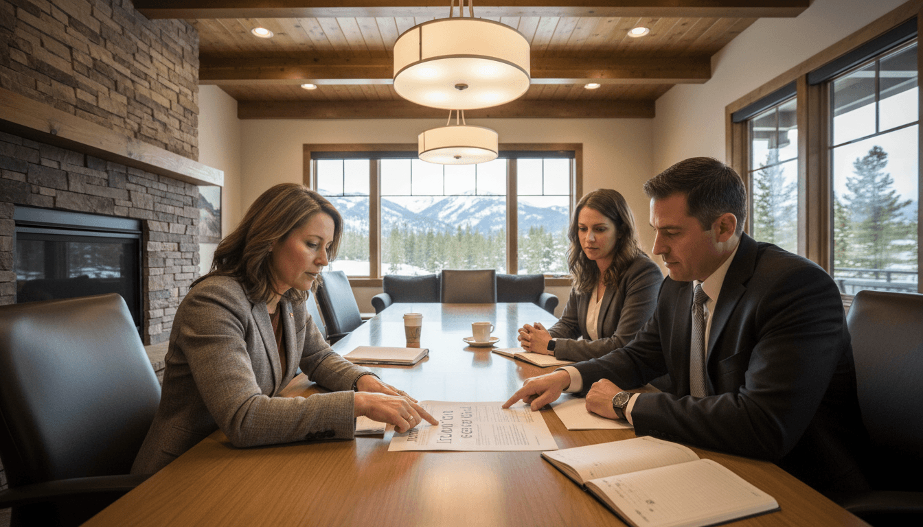 Idaho district administrator reviewing the Idaho Report Card with school leaders at a conference table in a modern office