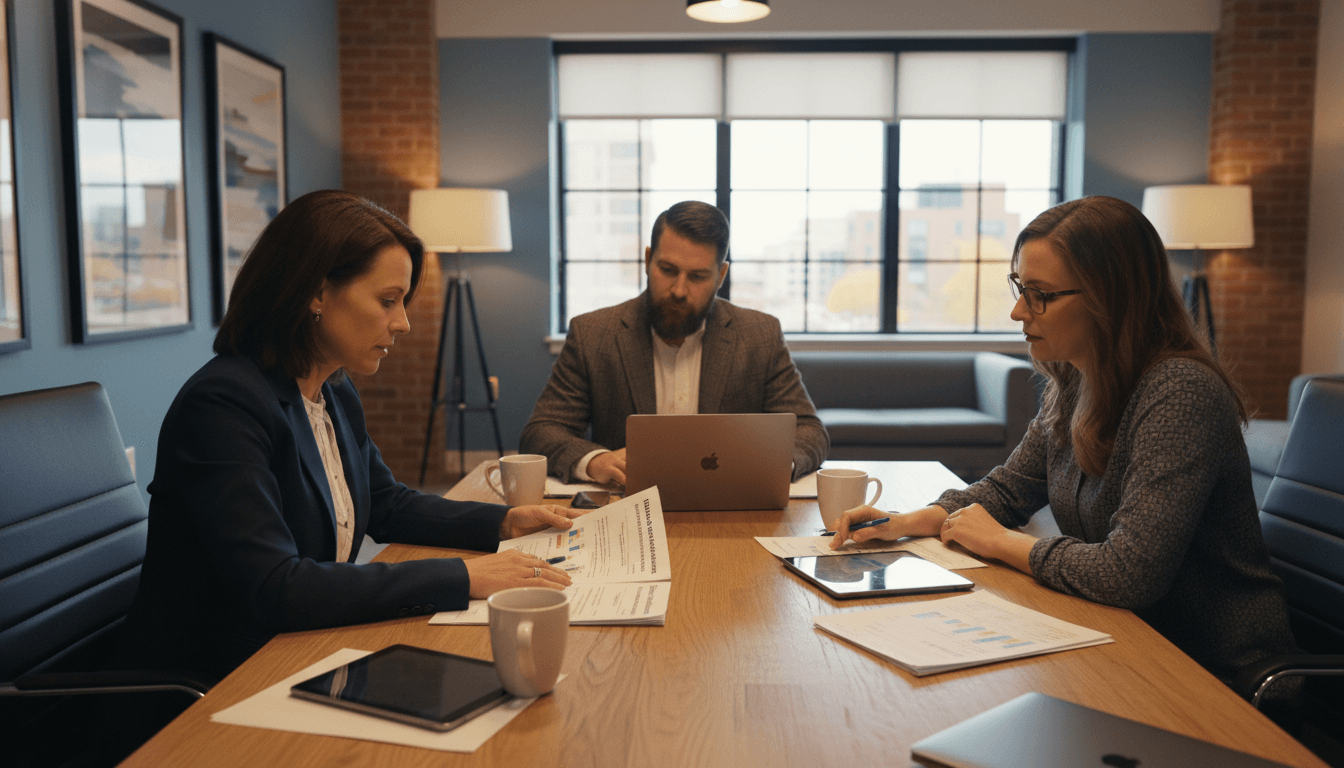Indiana superintendent at a conference table reviewing the Indiana School Performance Report (GPS Dashboard) with school leaders in a modern office