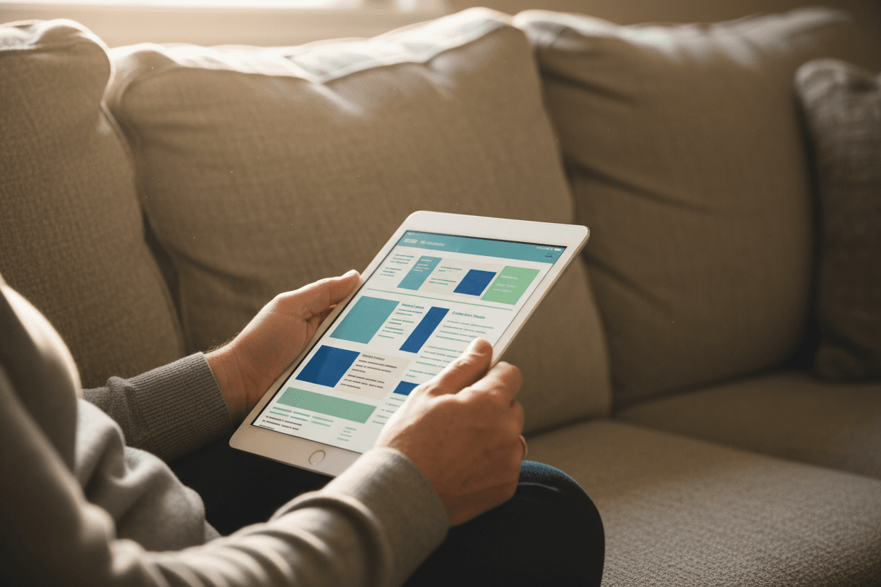 Parent reading Iowa ISASP results newsletter on a tablet at home