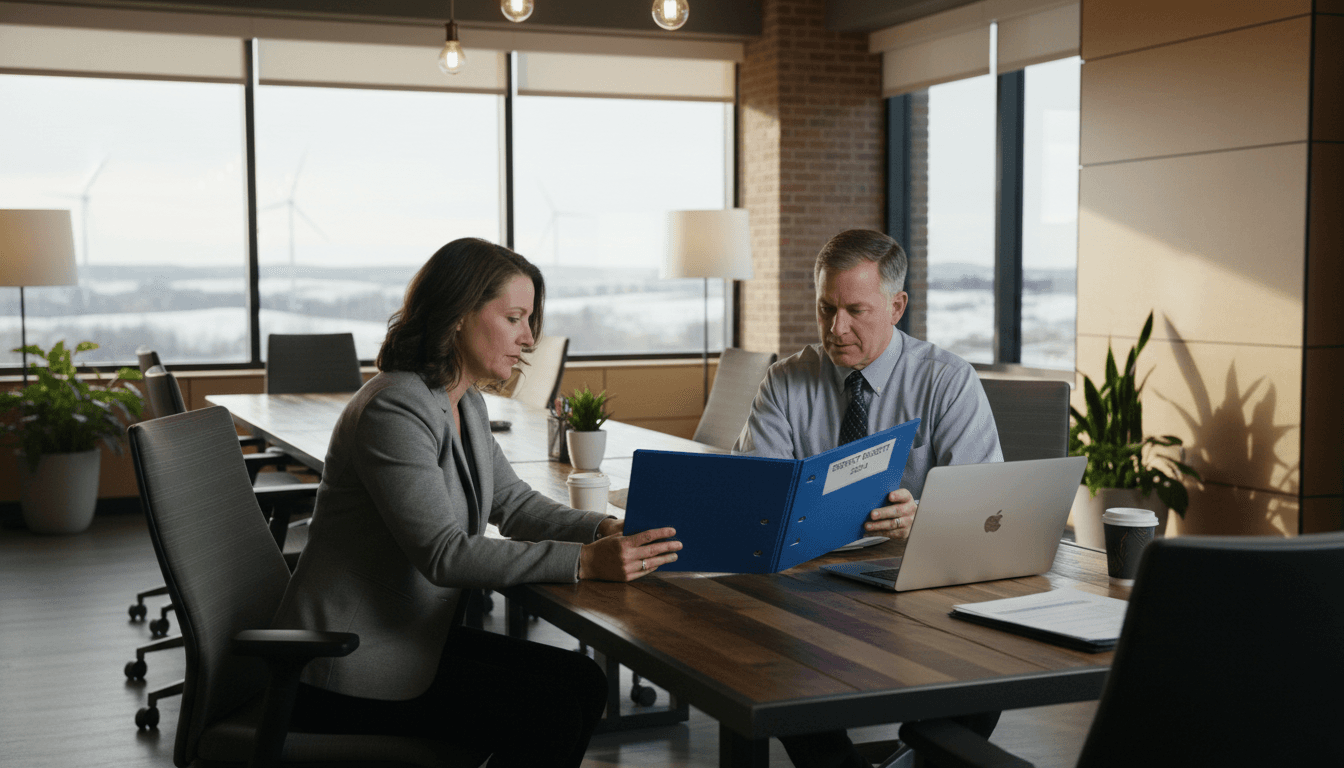 Iowa district CFO and superintendent reviewing budget documents in a conference room