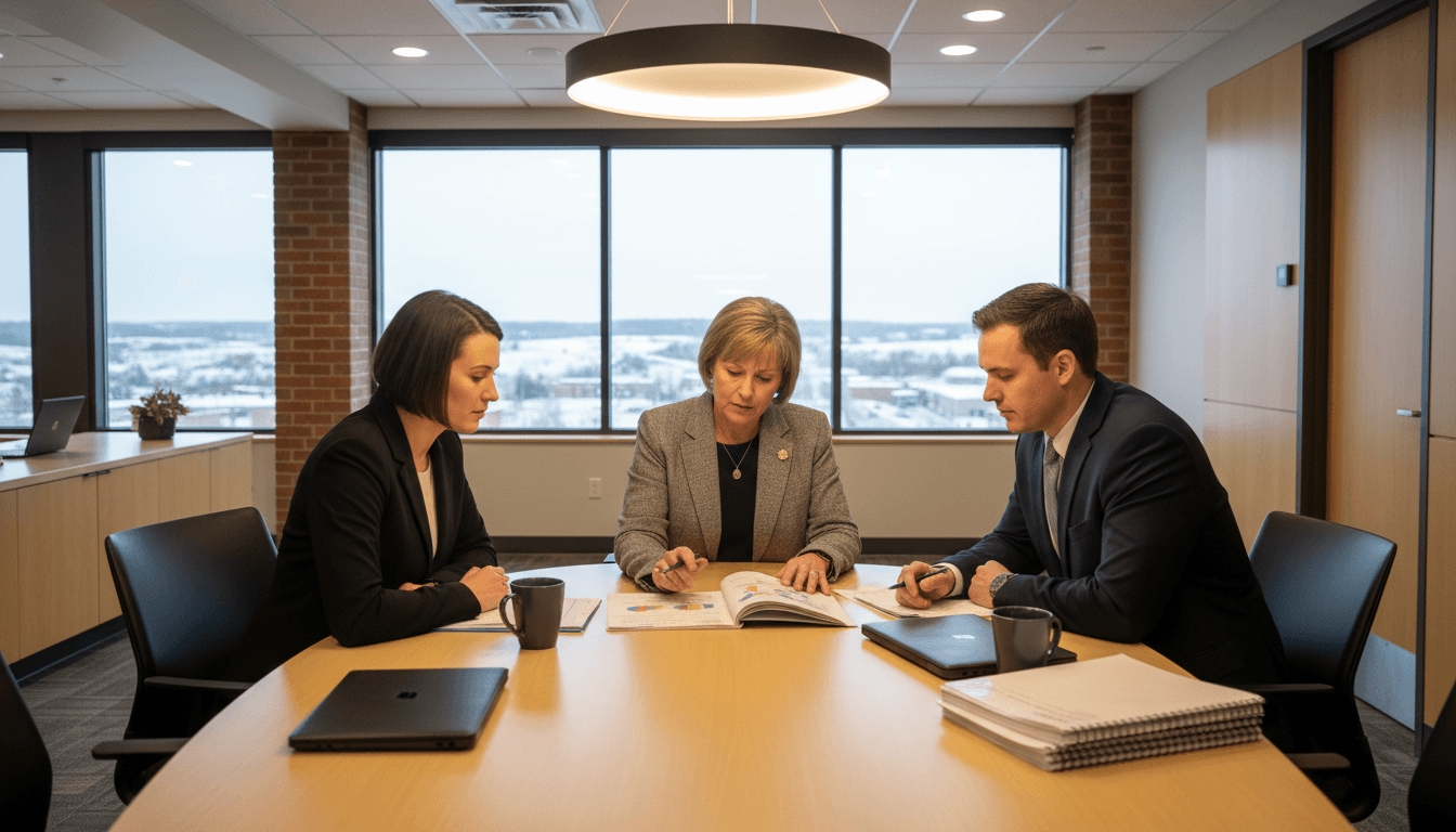 Iowa district administrator at a conference table reviewing the Iowa School Performance Profile with school leaders in a modern office
