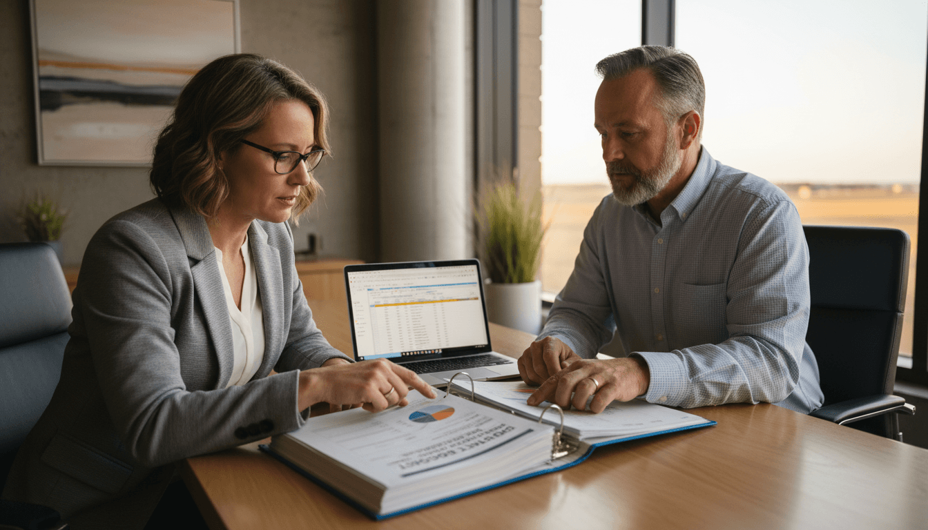 Kansas district CFO and superintendent reviewing budget documents in a conference room