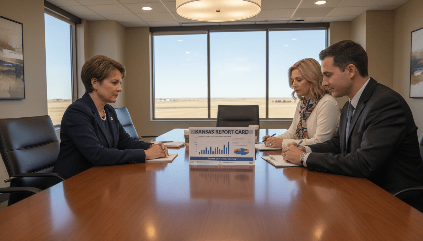 Kansas district administrator at a conference table reviewing the Kansas Report Card with school leaders in a modern office