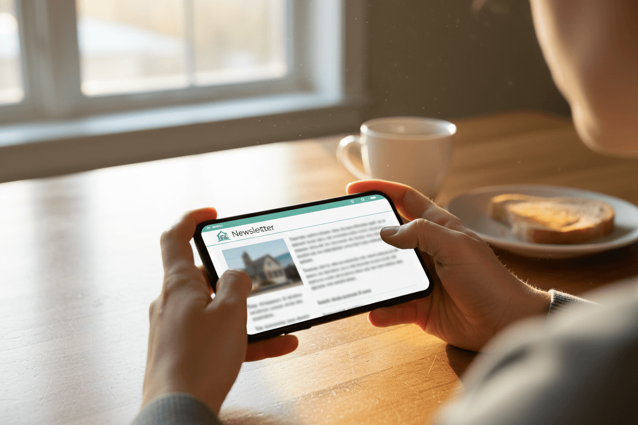 Parent reading a Kentucky school district report card newsletter on a smartphone at a kitchen table