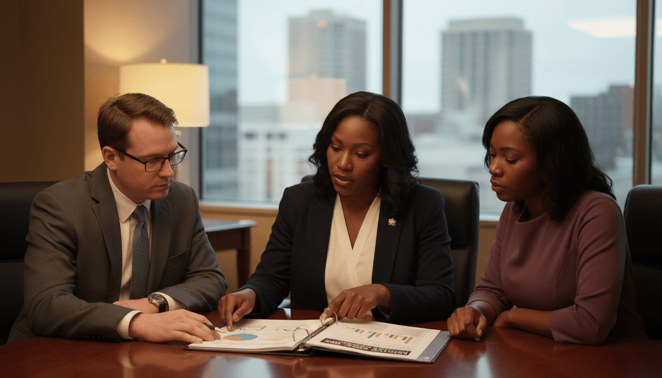 Kentucky superintendent at a conference table reviewing the Kentucky School Report Card with school leaders in a modern office