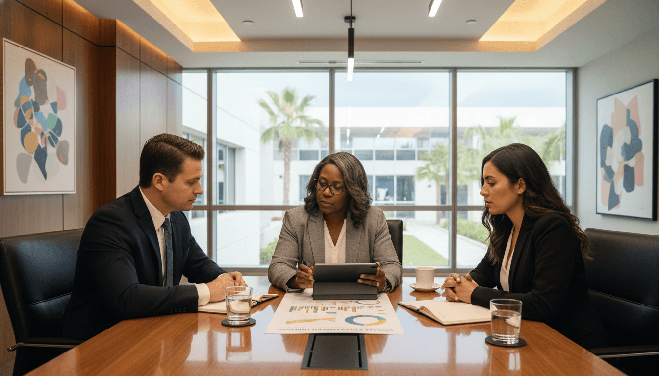 Louisiana district administrator at a conference table reviewing the Louisiana School Performance Score (SPS) Report Card with school leaders in a modern office