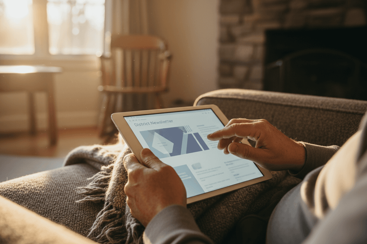 Parent reading Maine MTYA results newsletter on a tablet at home