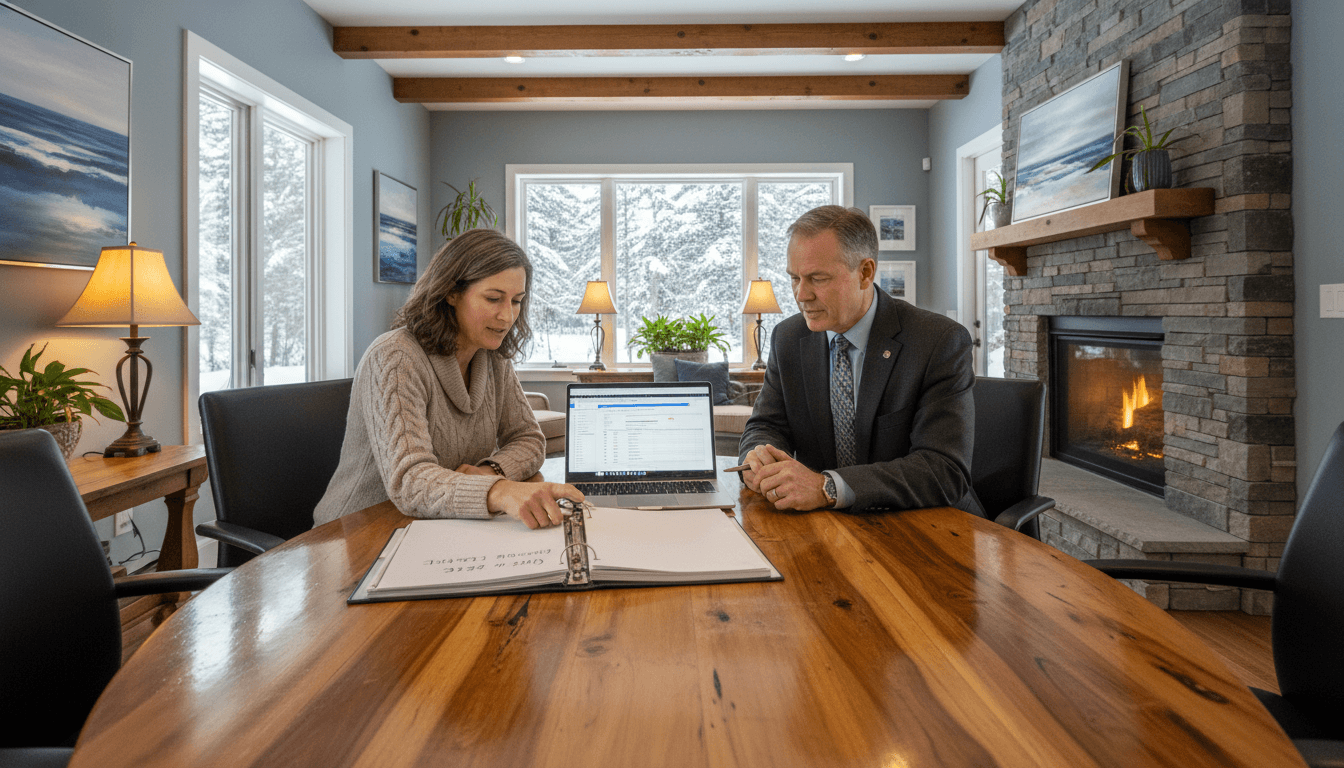 Maine district CFO and superintendent reviewing budget documents in a conference room