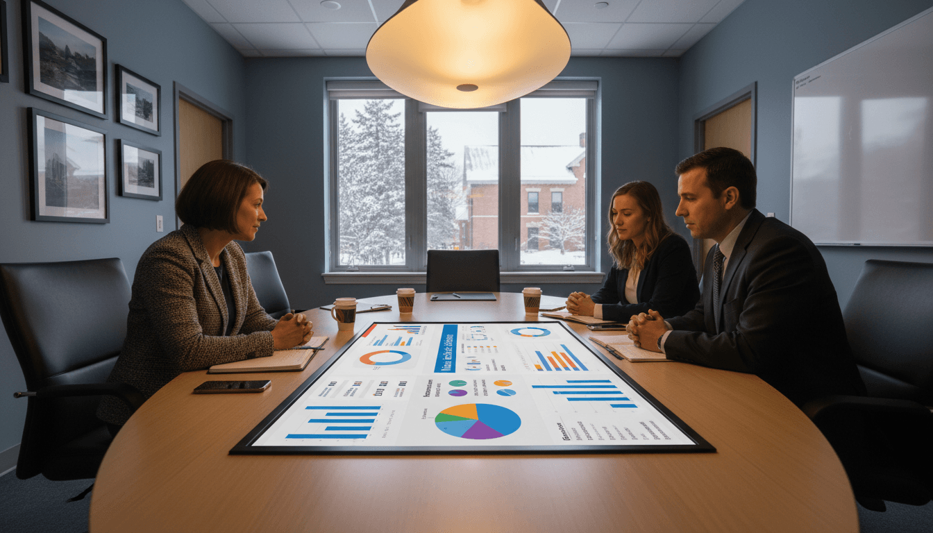 Maine district administrator reviewing the Maine Education Dashboard with school leaders at a conference table in a modern office