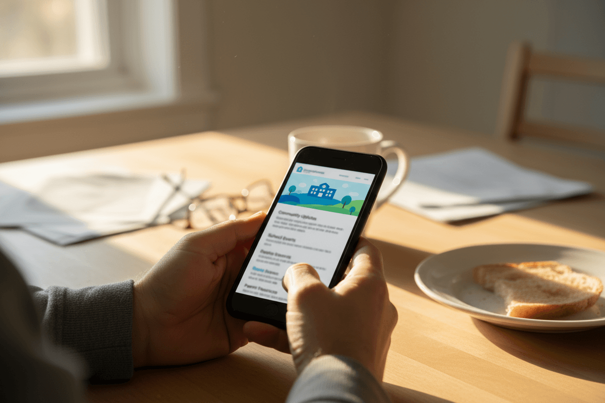 Parent reading a Maryland school district report card newsletter on a smartphone at a kitchen table