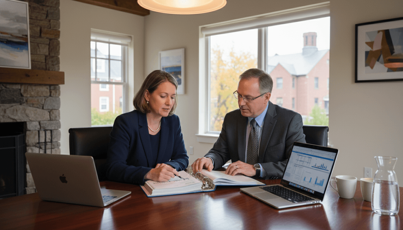 Massachusetts district finance team reviewing budget documents around a conference table in a school district office