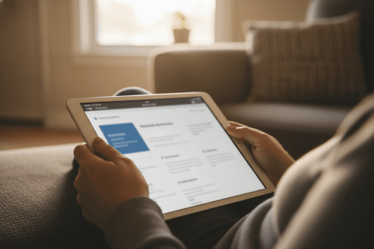 Parent reading a Michigan district assessment results newsletter on a smartphone in a kitchen