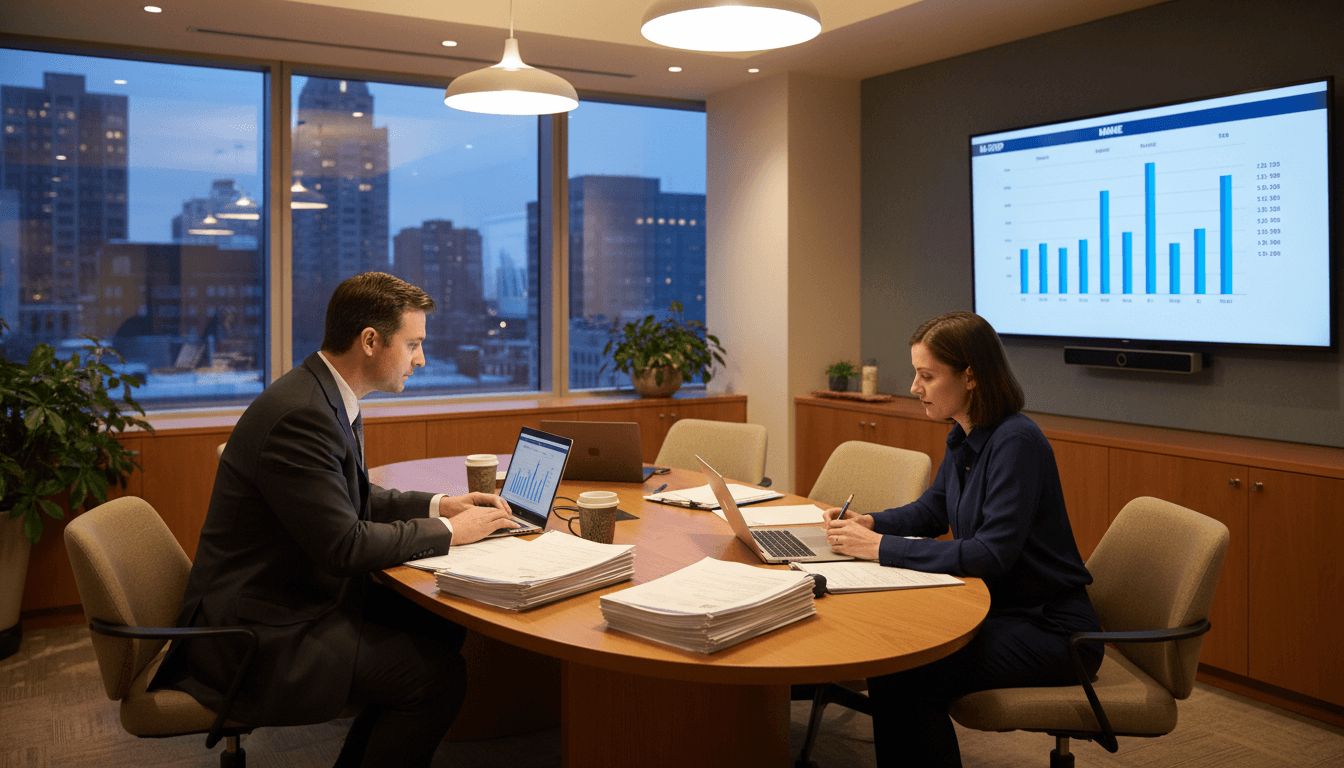 Michigan district leaders reviewing M-STEP results around a table in a modern district office