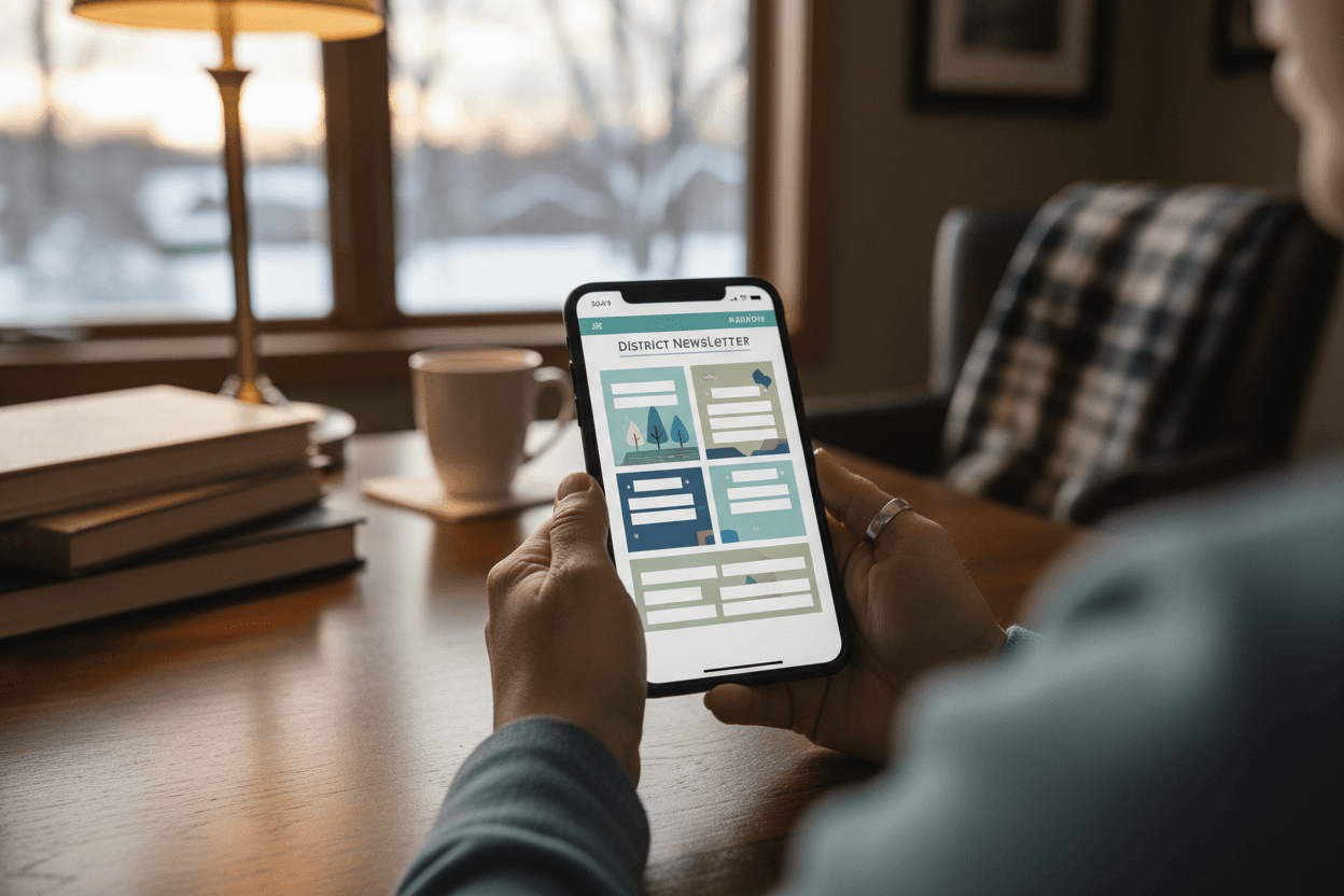 Parent reading a Minnesota school funding update newsletter on a smartphone at a kitchen table