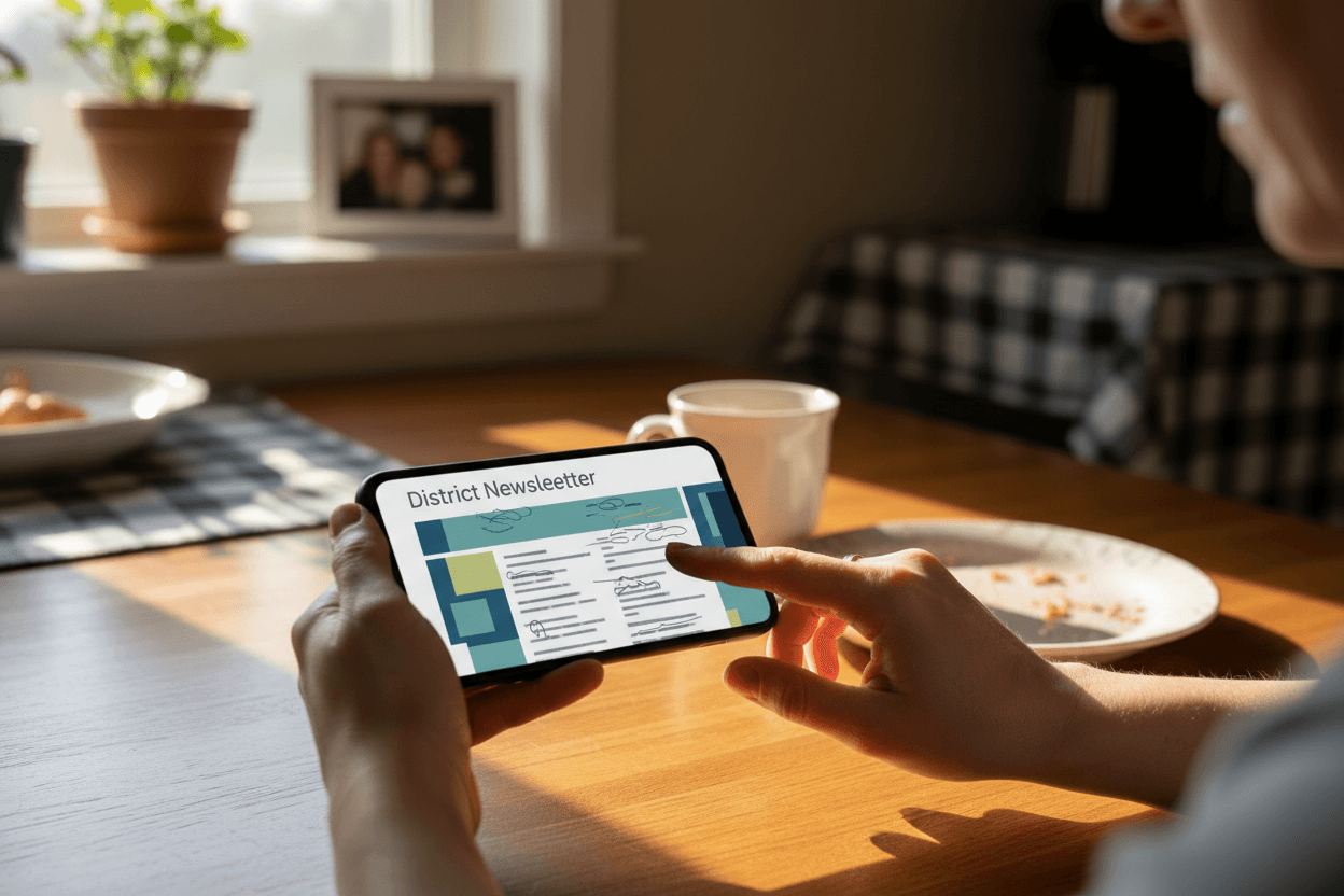 Parent reading a Minnesota school district report card newsletter on a smartphone at a kitchen table