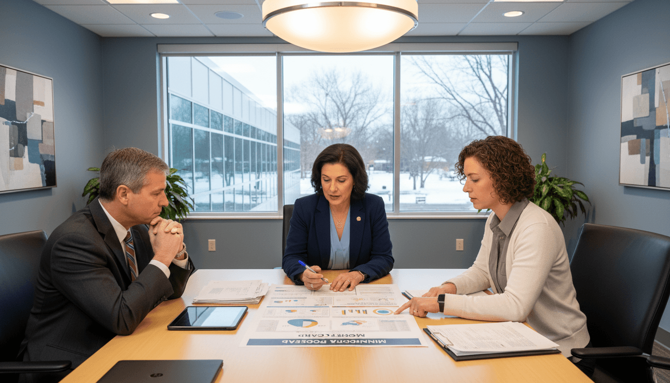Minnesota superintendent at a conference table reviewing the Minnesota Report Card with school leaders in a modern office