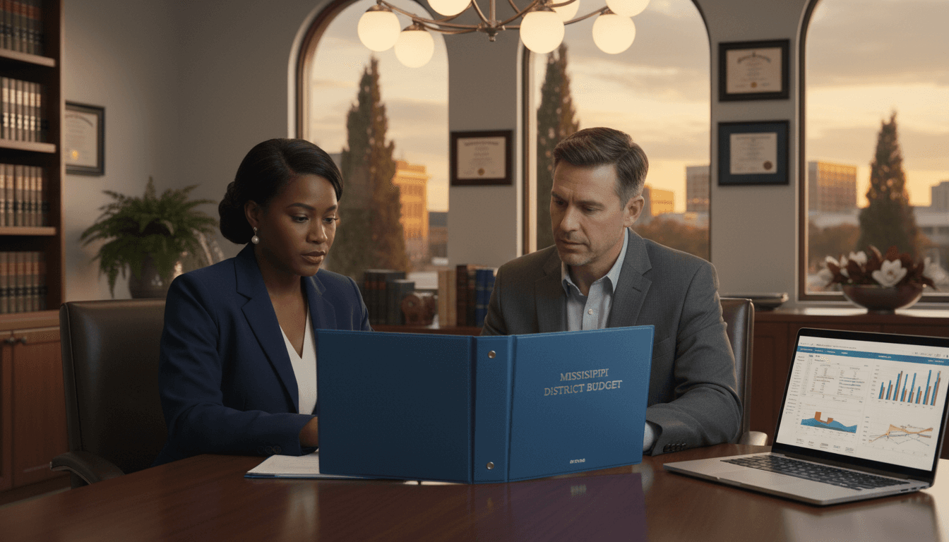 Mississippi district CFO and superintendent reviewing budget documents in a conference room