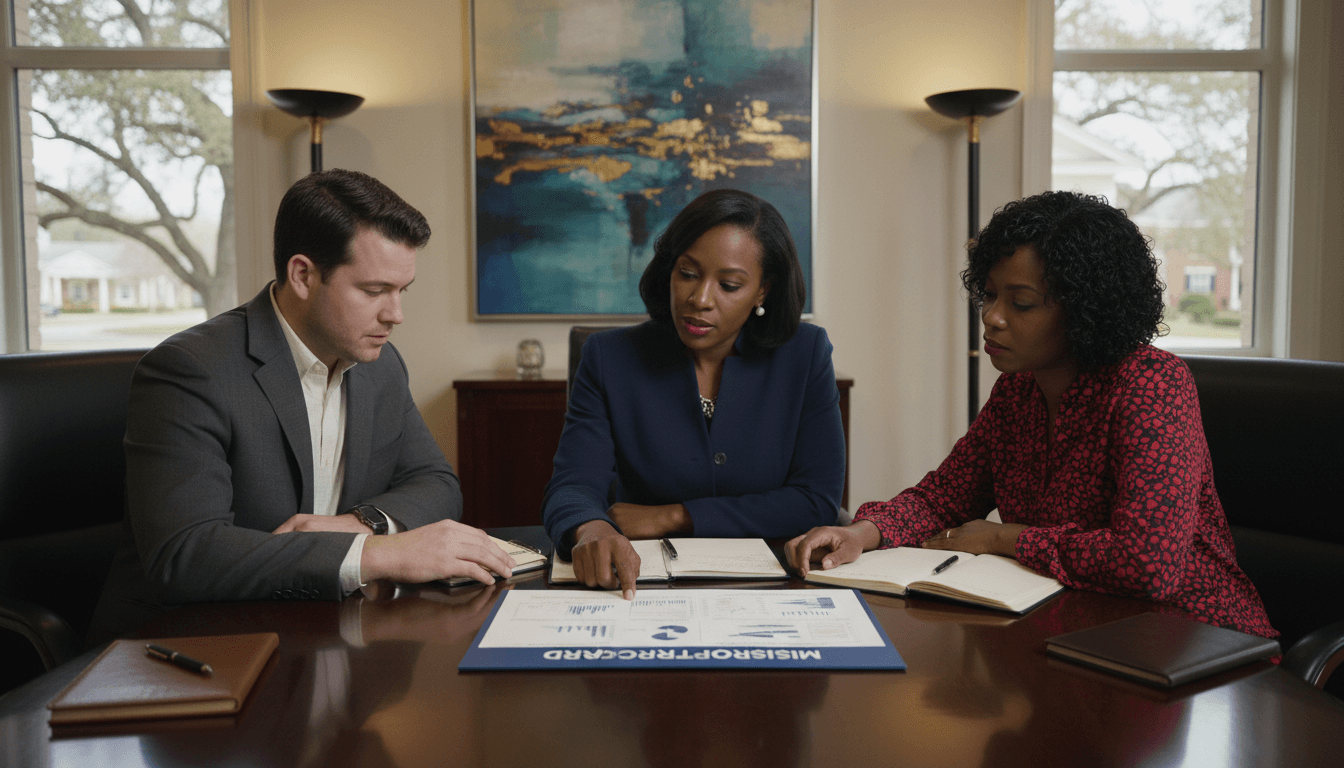 Mississippi district administrator at a conference table reviewing the Mississippi Report Card with school leaders in a modern office