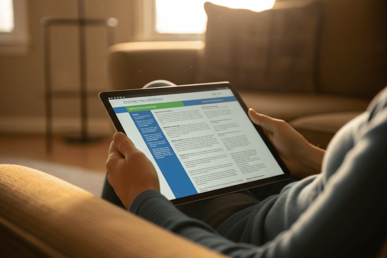 Parent reading a Missouri MAP results newsletter on a smartphone at a kitchen table