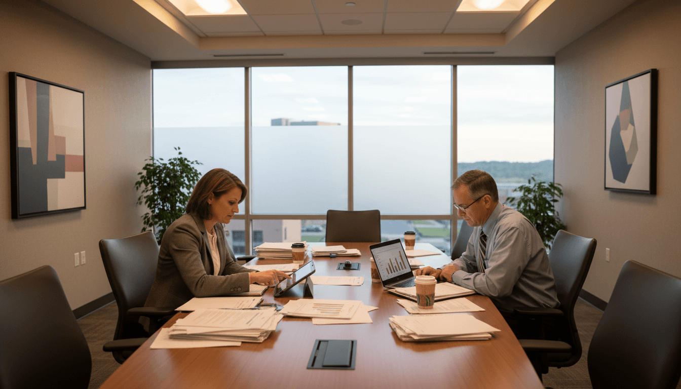 Missouri district administrator reviewing MAP results on a laptop at a conference table