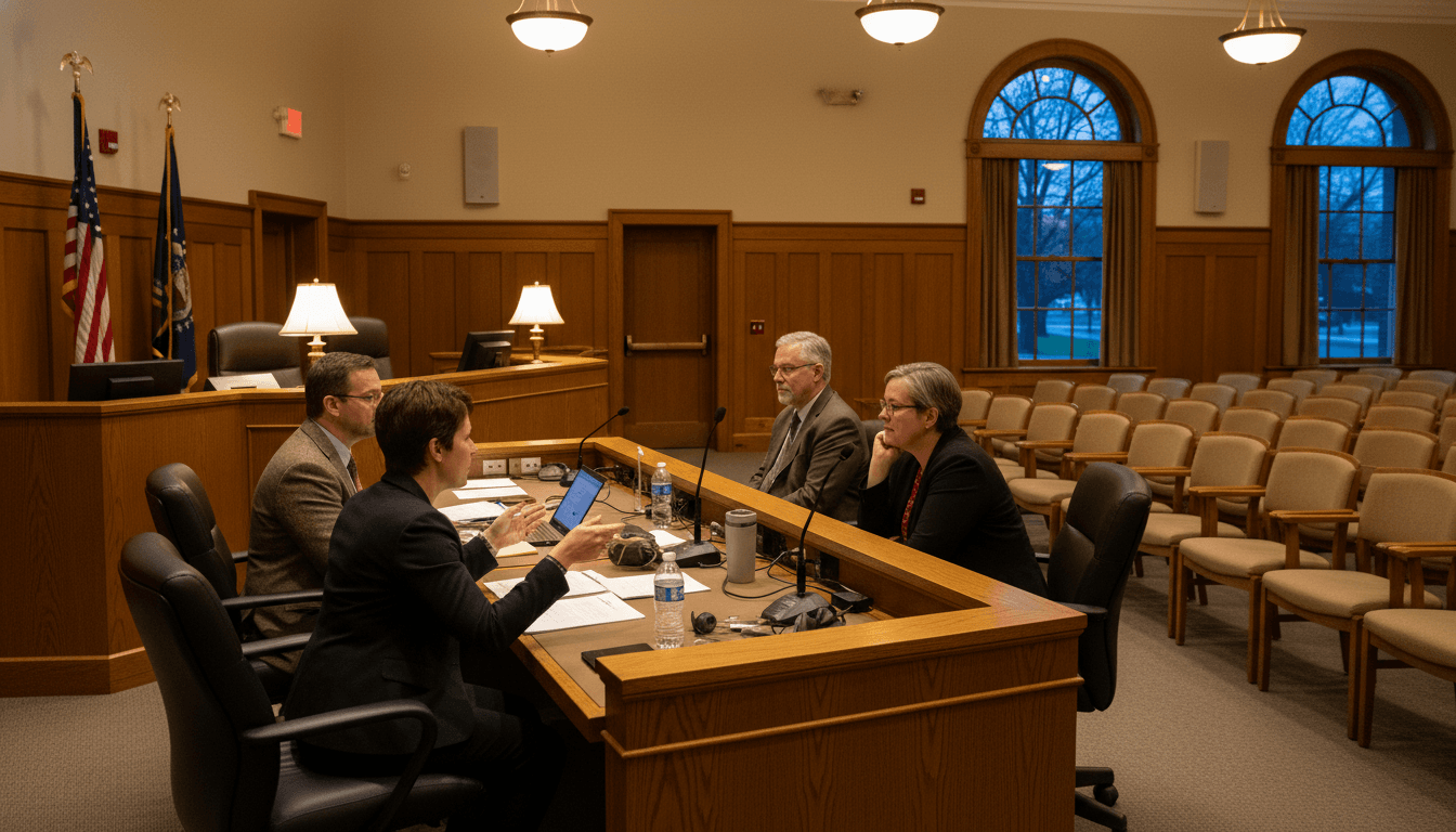 Missouri school board members at the dais during a public meeting, agenda visible on screen
