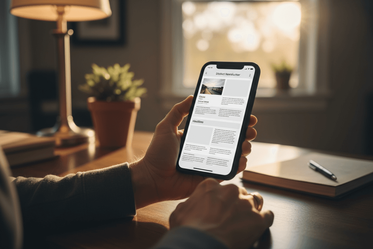 Parent reading a Missouri school funding update newsletter on a smartphone at a kitchen table