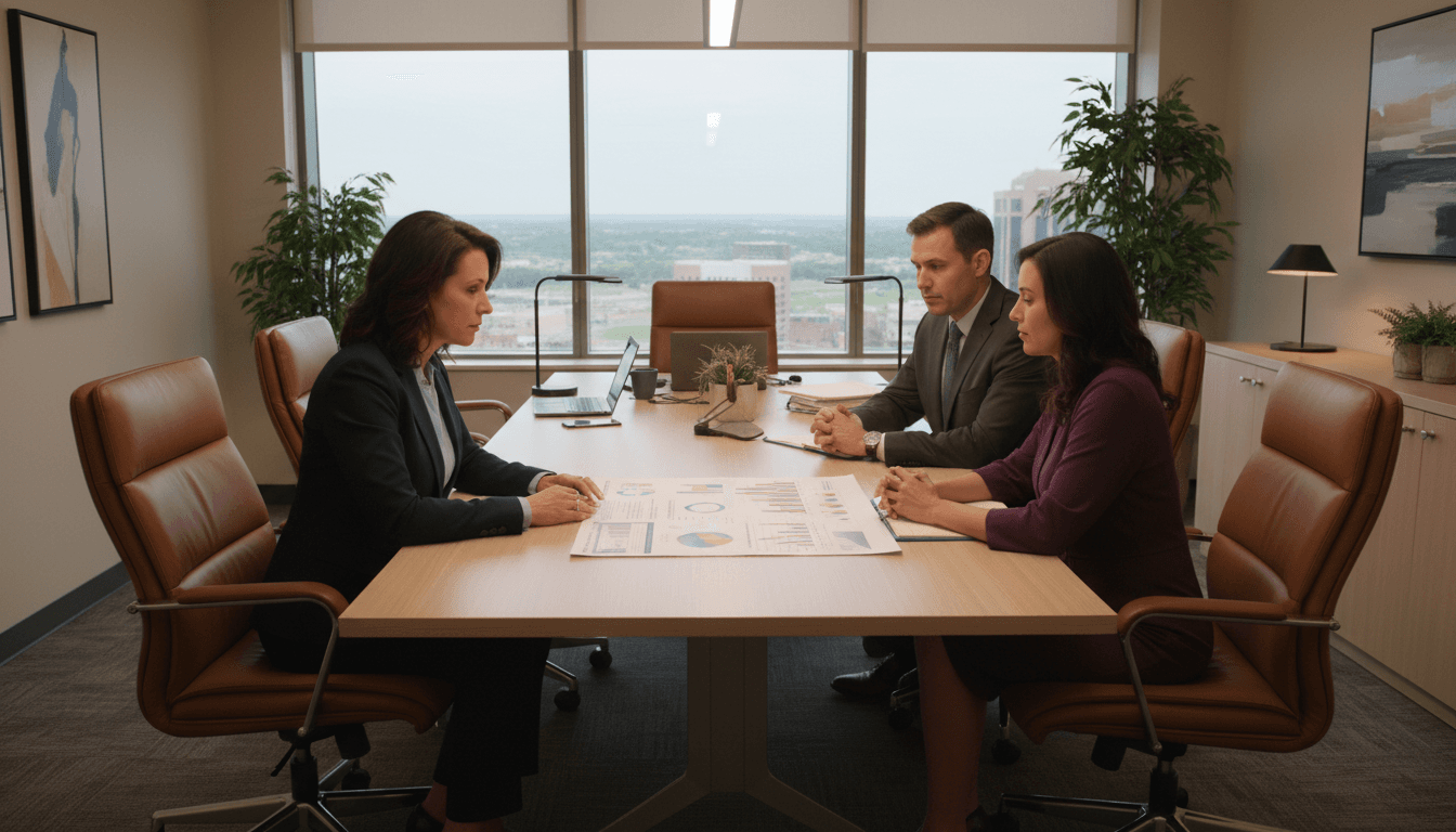 Missouri superintendent at a conference table reviewing the MSIP Report with school leaders in a modern office