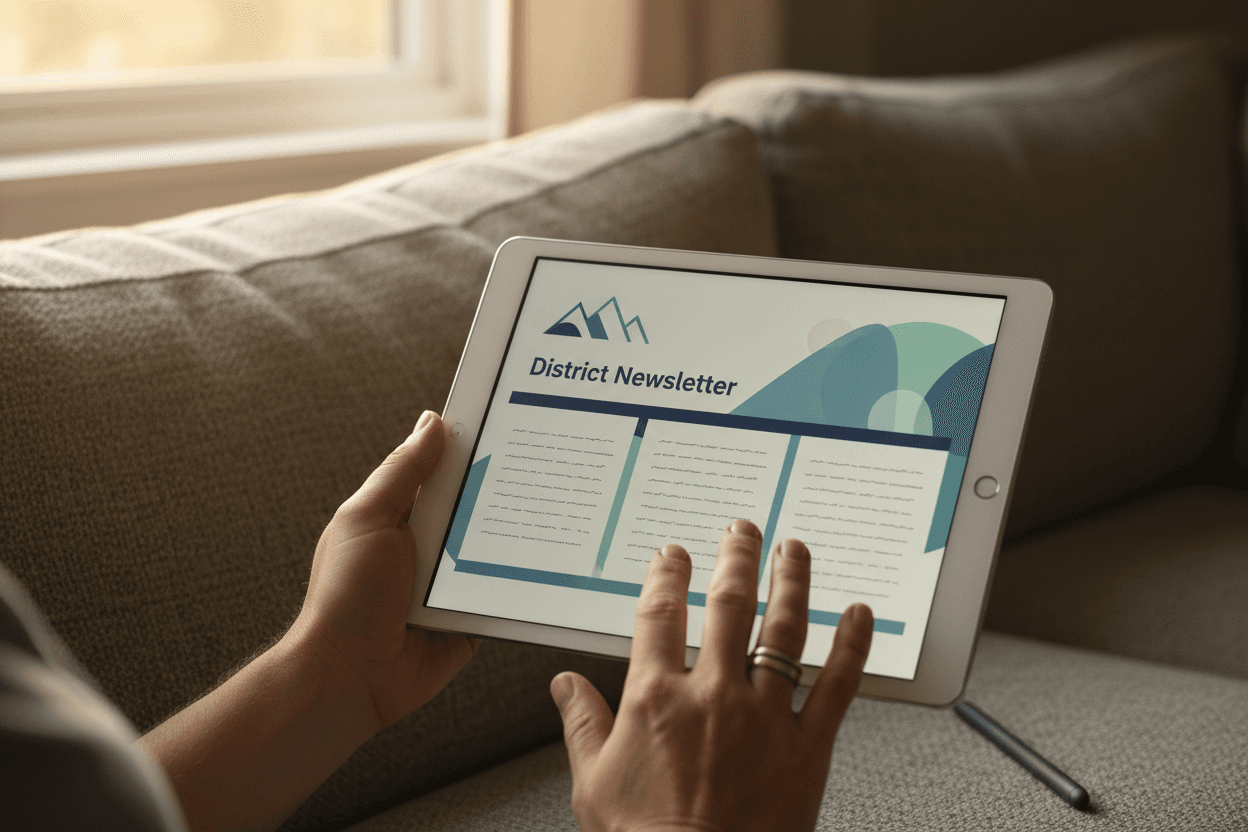 Parent reading Montana Smarter Balanced and MAST results newsletter on a tablet at home