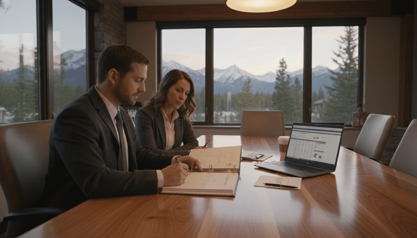 Montana district CFO and superintendent reviewing budget documents in a conference room