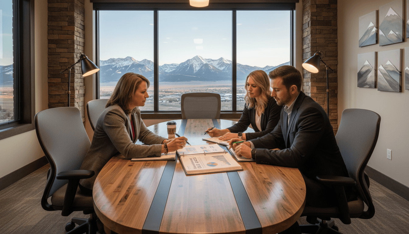 Montana district administrator reviewing the Montana GEMS (Growth and Enhancement of Montana Students) with school leaders at a conference table in a modern office