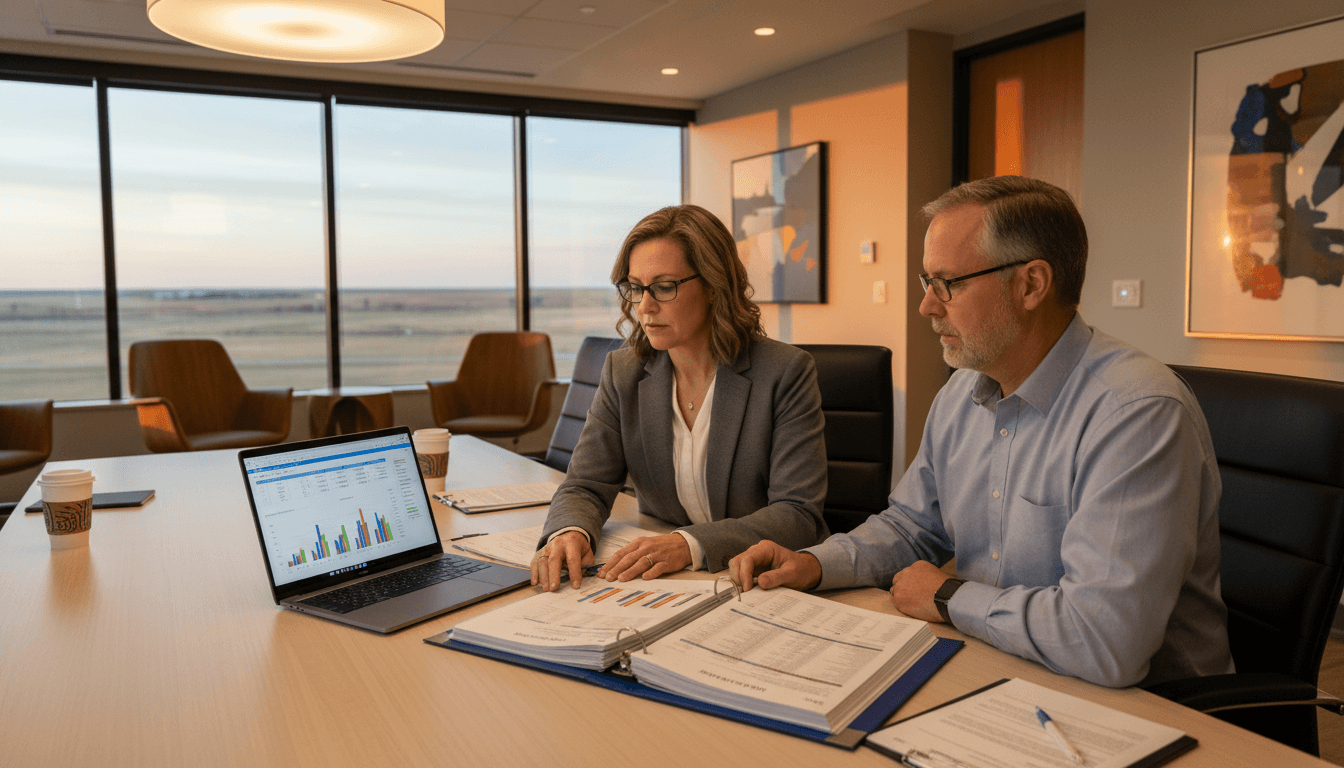 Nebraska district CFO and superintendent reviewing budget documents in a conference room