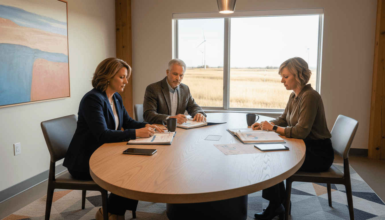 Nebraska district administrator reviewing the Nebraska Education Profile with school leaders at a conference table in a modern office