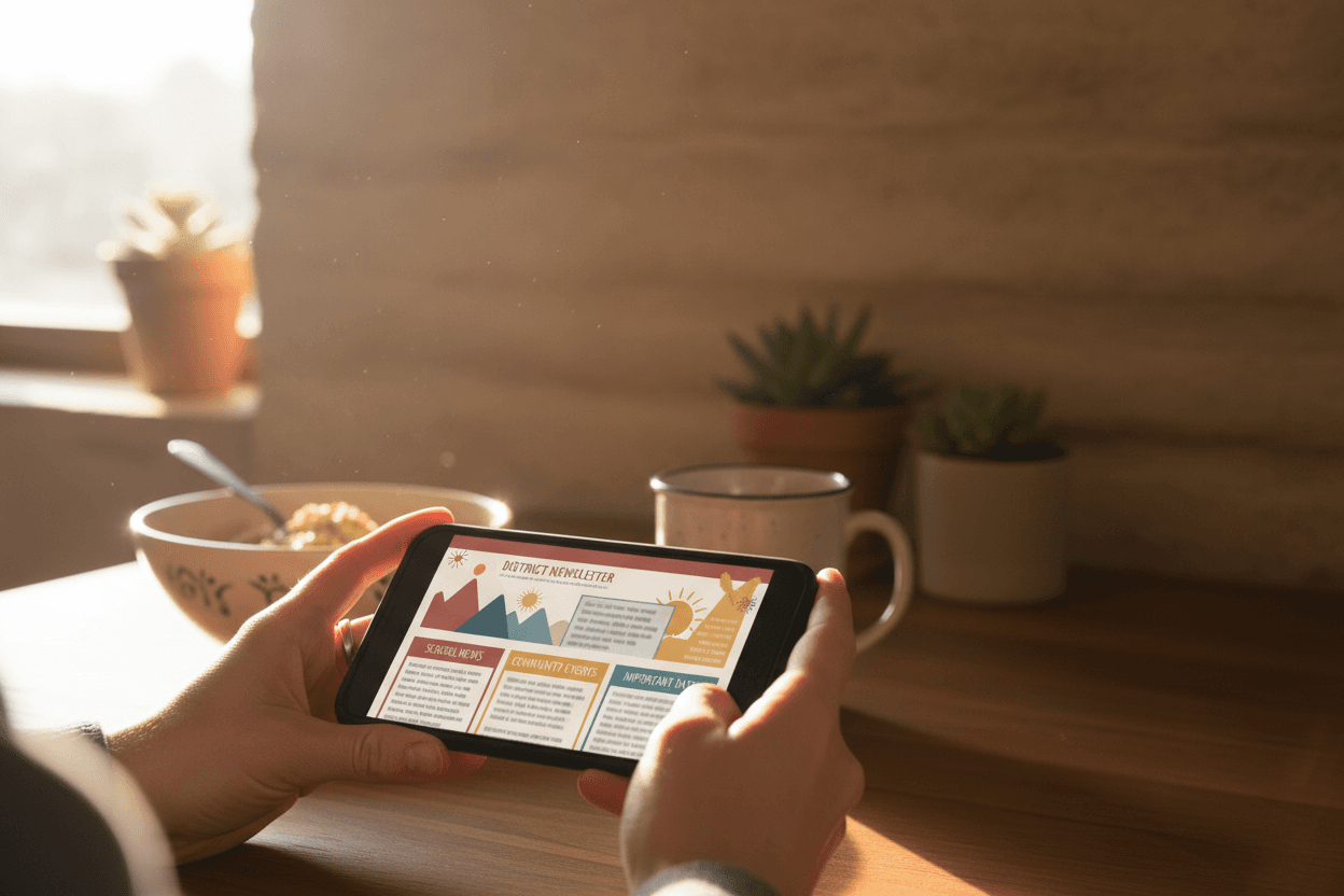 Parent reading a Nevada school district report card newsletter on a smartphone at a kitchen table